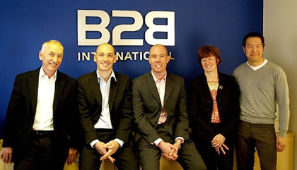 From left: B2B International directors Paul Hague, Nick Hague and Carol-Ann Morgan welcome B2B Marcomms directors Richard Fisher (middle) and Hwa Kent Cheung (right)