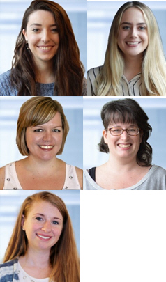 Top row L to R: Kyra Hayes, Mallory Homan; middle row Stefanie Loyda, Emily Taylor; below: Brittany Smith